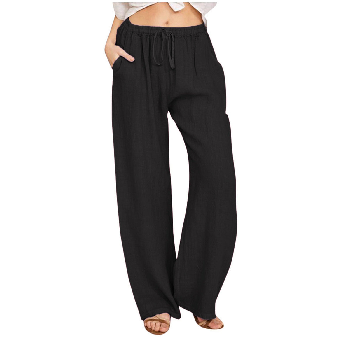 Drawstring Waist Wide Leg Cotton Pants - Black