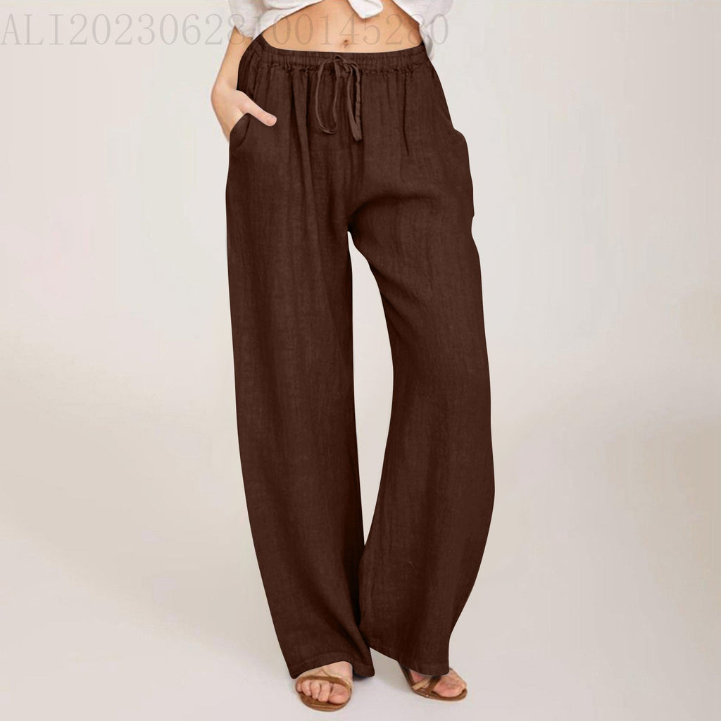 Drawstring Waist Wide Leg Cotton Pants - Coffee