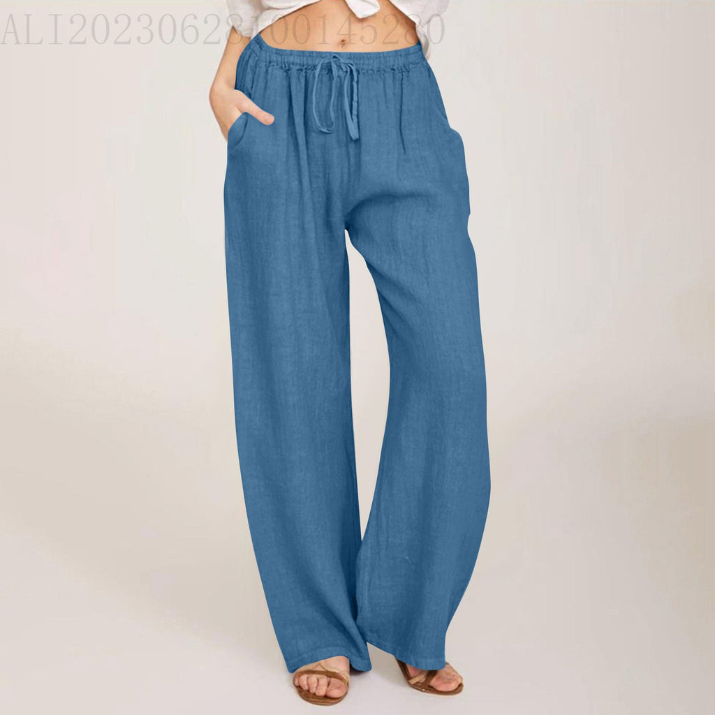 Drawstring Waist Wide Leg Cotton Pants - DarkBlue