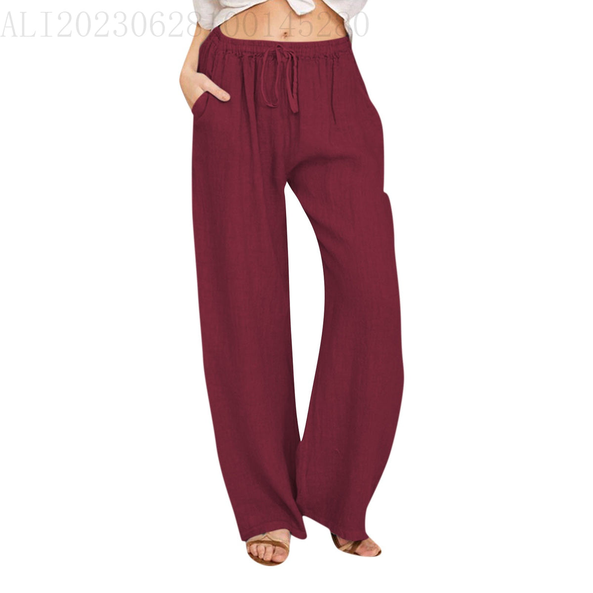 Drawstring Waist Wide Leg Cotton Pants - DeepRed