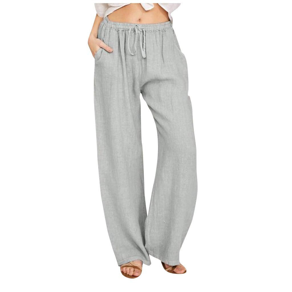 Drawstring Waist Wide Leg Cotton Pants - Grey