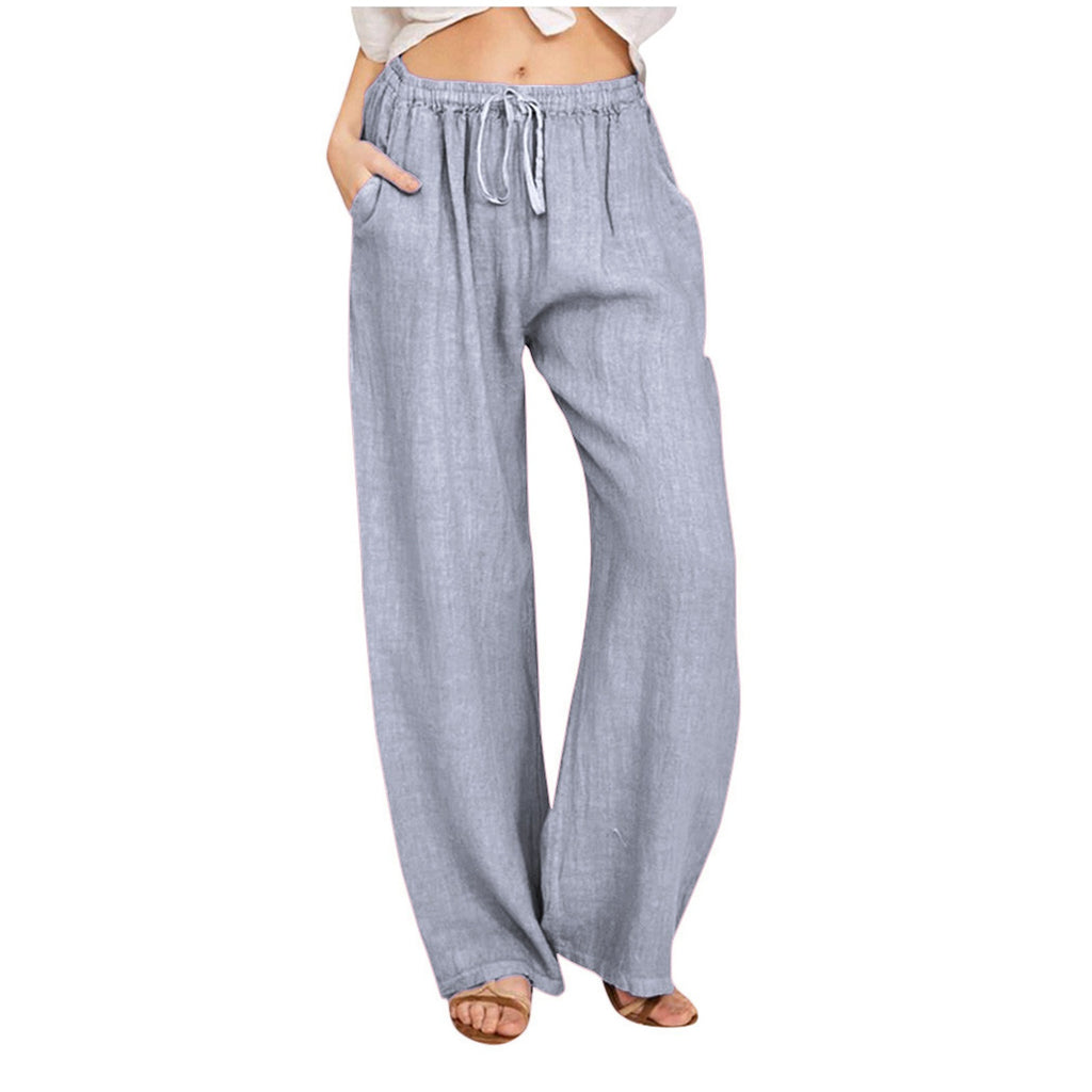 Drawstring Waist Wide Leg Cotton Pants - LightGray