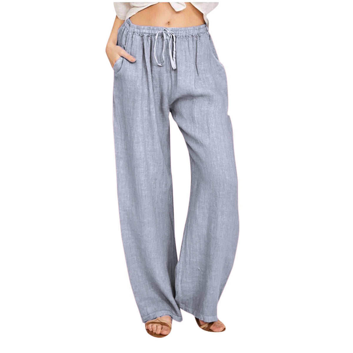 Drawstring Waist Wide Leg Cotton Pants - LightGray