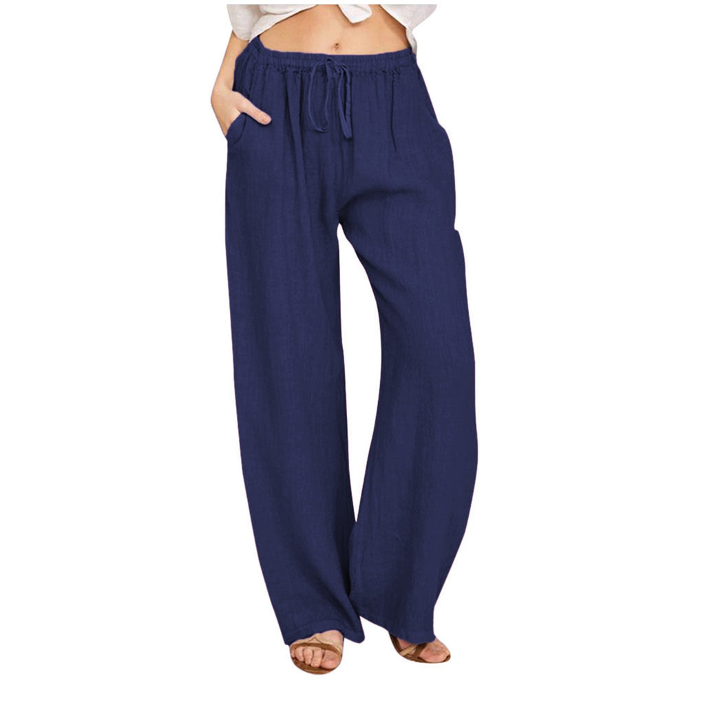 Drawstring Waist Wide Leg Cotton Pants - NavyBlue
