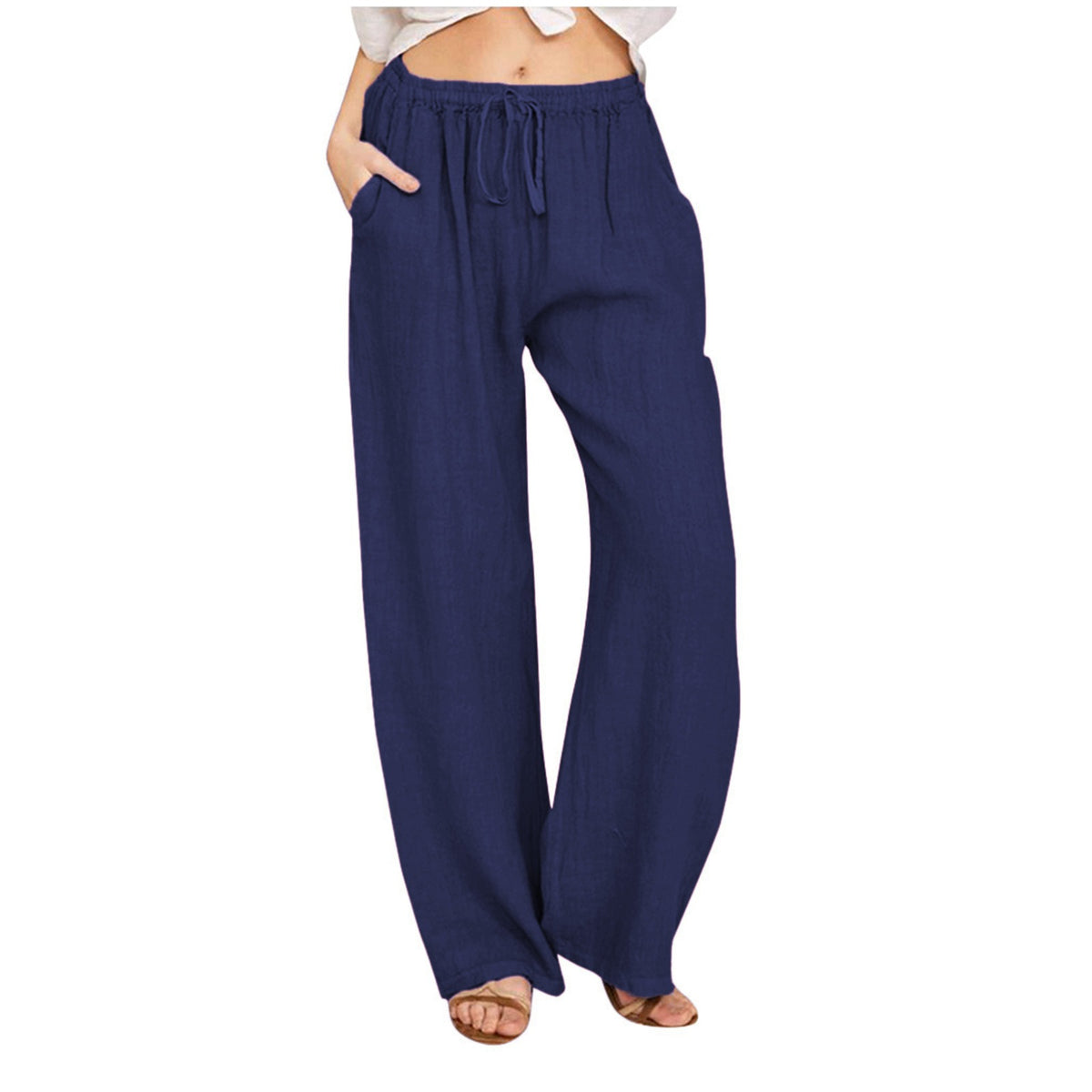 Drawstring Waist Wide Leg Cotton Pants - NavyBlue
