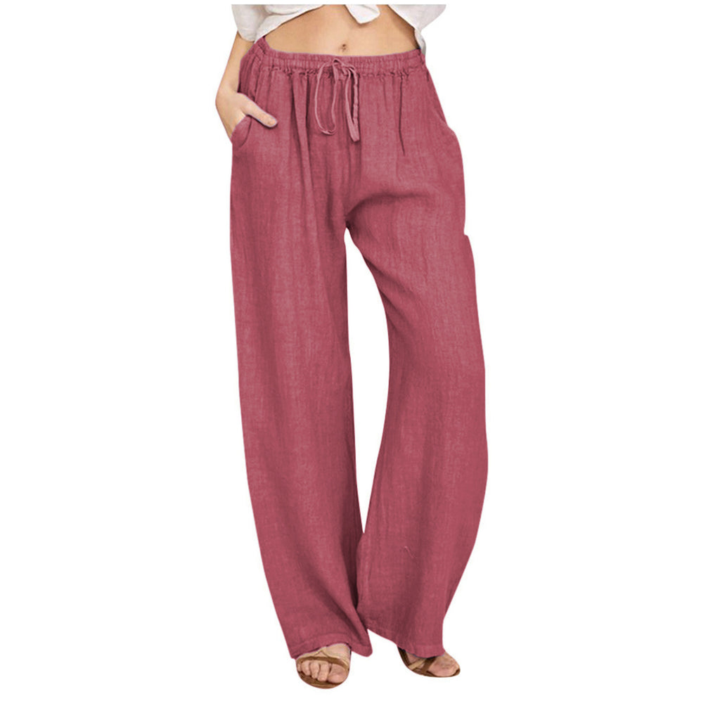 Drawstring Waist Wide Leg Cotton Pants - Red
