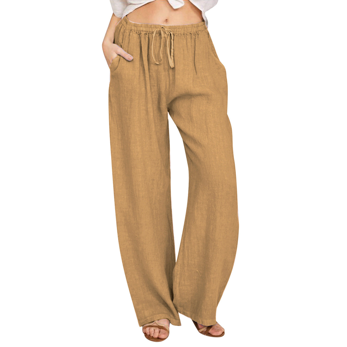 Drawstring Waist Wide Leg Cotton Pants - Yellow