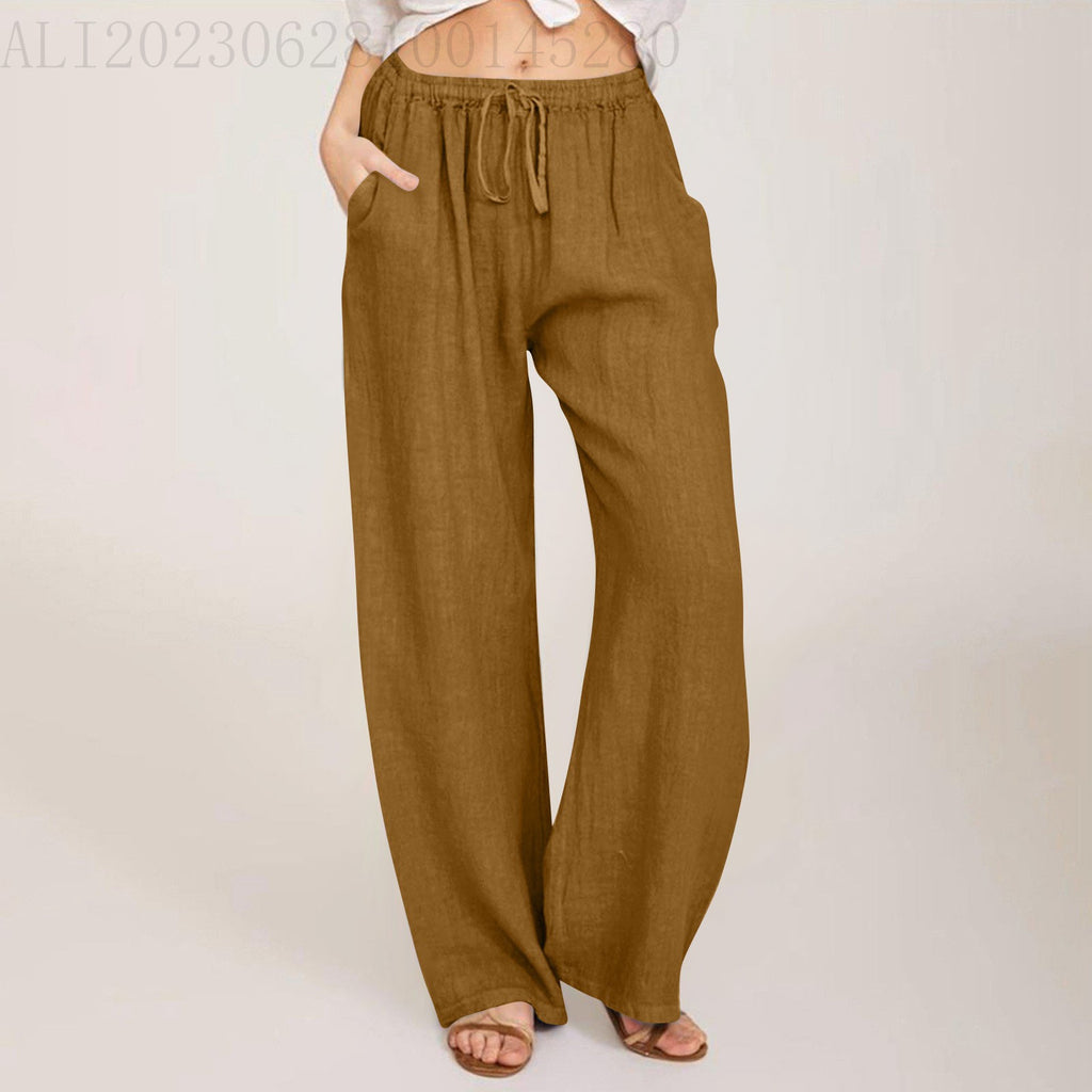 Drawstring Waist Wide Leg Cotton Pants - brown