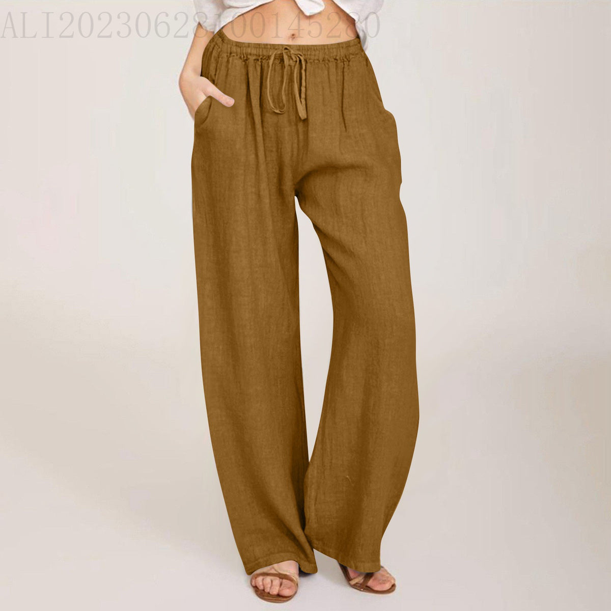 Drawstring Waist Wide Leg Cotton Pants - brown