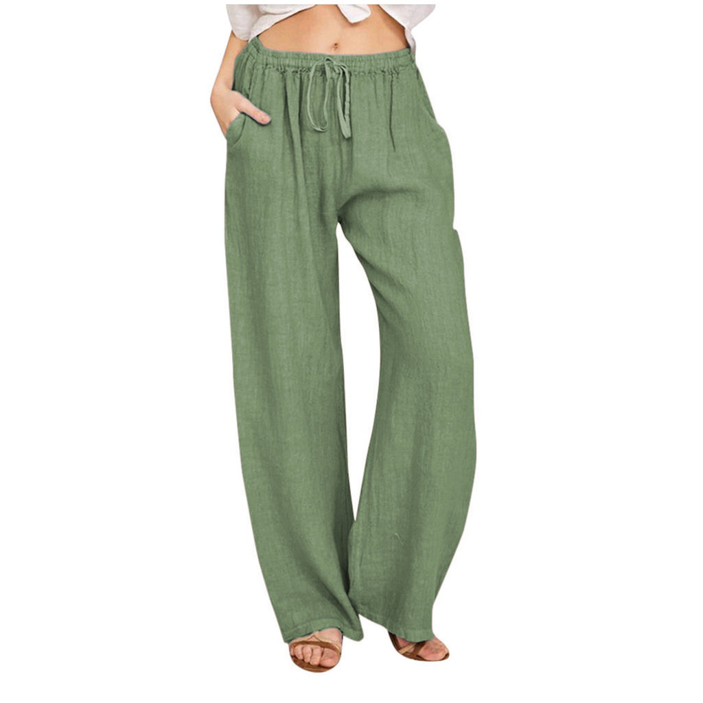 Drawstring Waist Wide Leg Cotton Pants - green