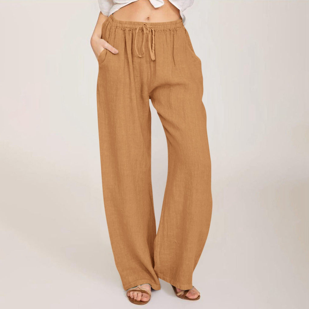 Drawstring Waist Wide Leg Cotton Pants - orange
