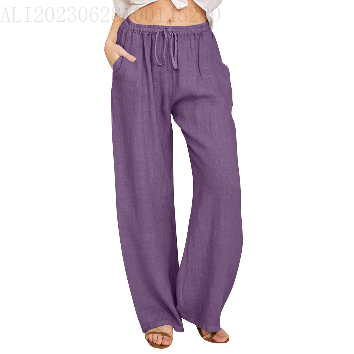 Drawstring Waist Wide Leg Cotton Pants - purple