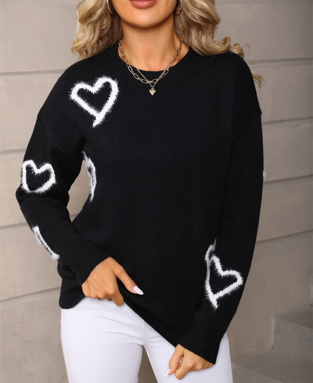 Scattered Heart Outline Knit Sweater - Black