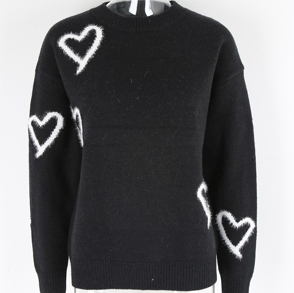Scattered Heart Outline Knit Sweater - Black - 1