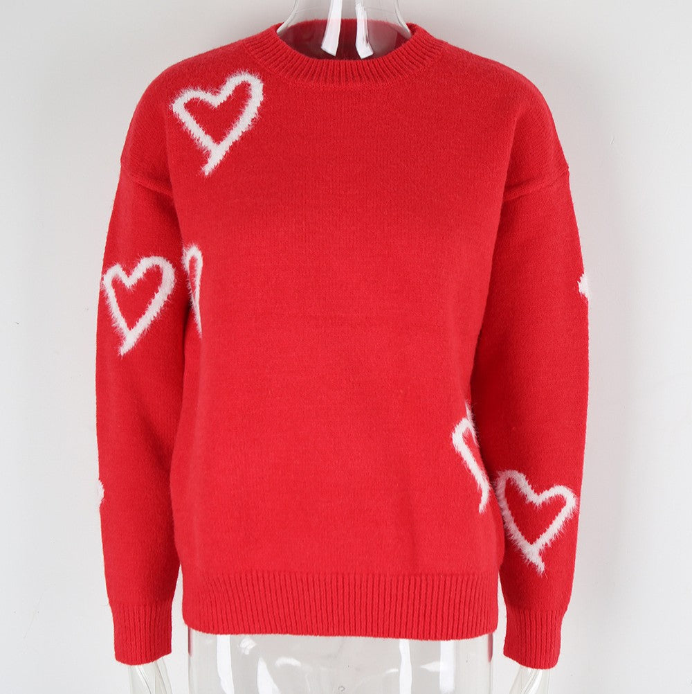 Scattered Heart Outline Knit Sweater - Red