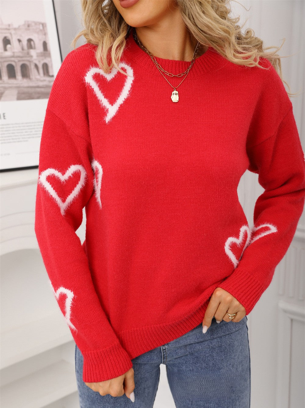Scattered Heart Outline Knit Sweater - Red - 1