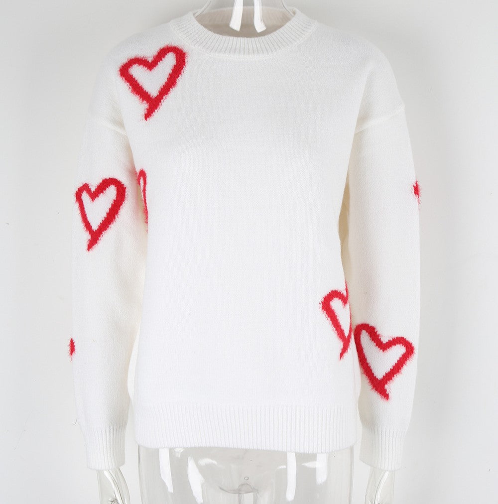 Scattered Heart Outline Knit Sweater - White