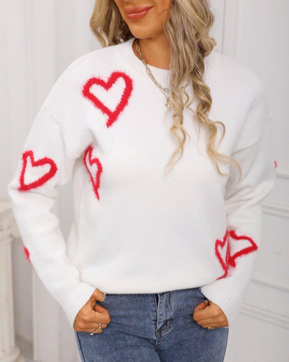 Scattered Heart Outline Knit Sweater - White - 1