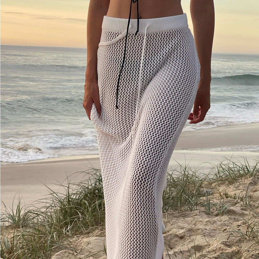 Crochet Knit Drawstring Maxi Beach Skirt - White - 1