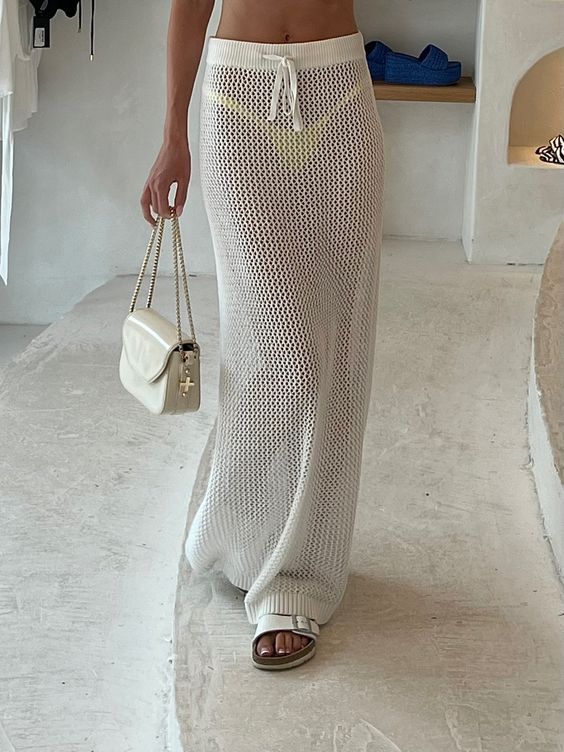 Crochet Knit Drawstring Maxi Beach Skirt - White - 2