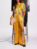 Medallion Floral Satin Camp Shirt Pants Set - Yellow