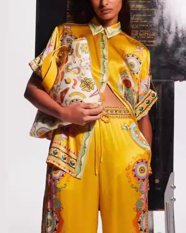 Medallion Floral Satin Camp Shirt Pants Set - Yellow - 1