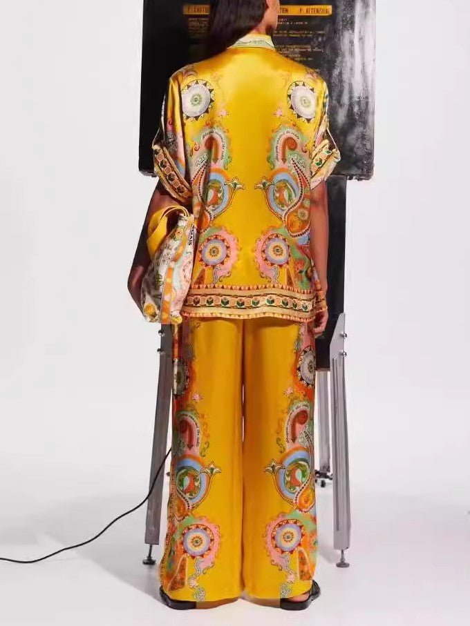 Medallion Floral Satin Camp Shirt Pants Set - Yellow - 3