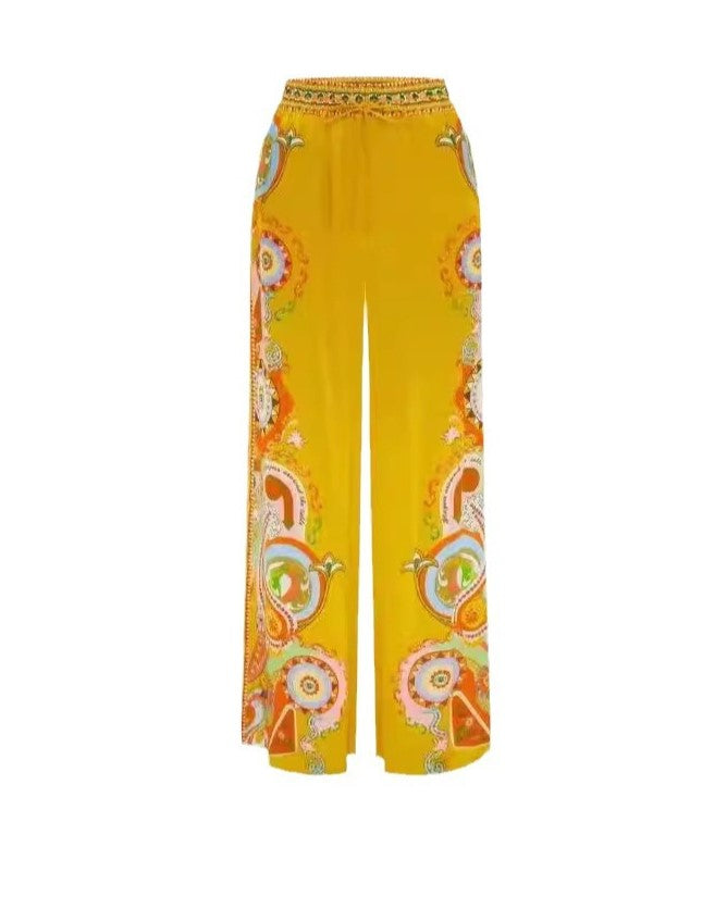 Medallion Floral Satin Camp Shirt Pants Set - Yellow - 4