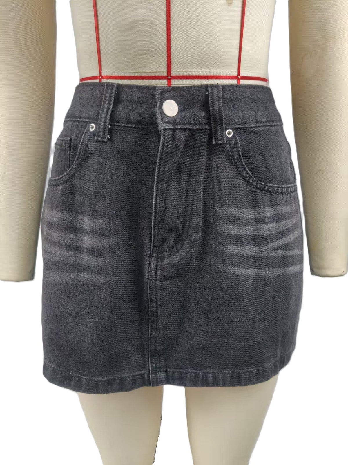 High Waist A-Line Denim Mini Skirt - Black