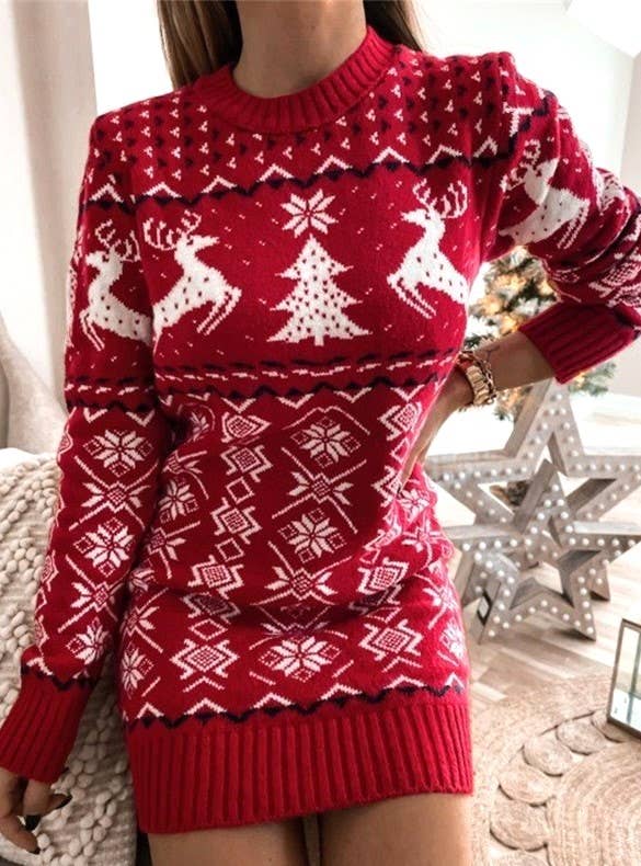 Fair Isle Reindeer Knit Mini Dress