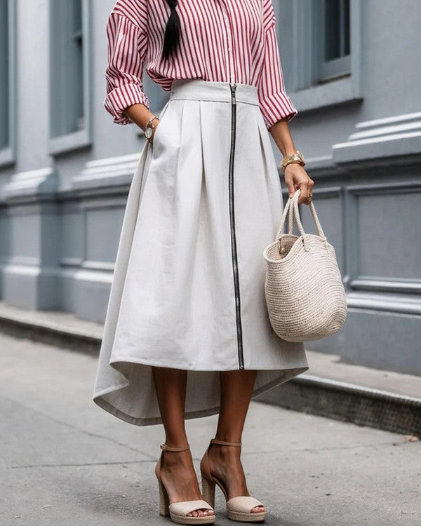 Zip Front High Low Pleated Midi Skirt - Apricot