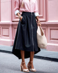 Zip Front High Low Pleated Midi Skirt - Black