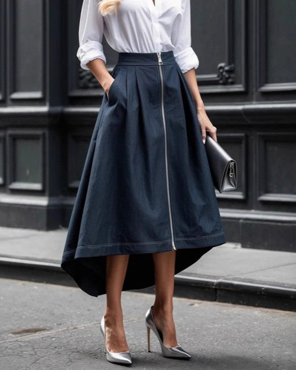 Zip Front High Low Pleated Midi Skirt - Navy-Blue
