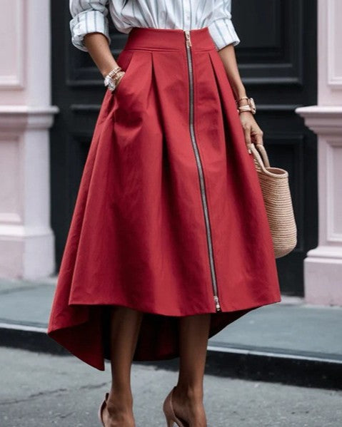 Zip Front High Low Pleated Midi Skirt - Red