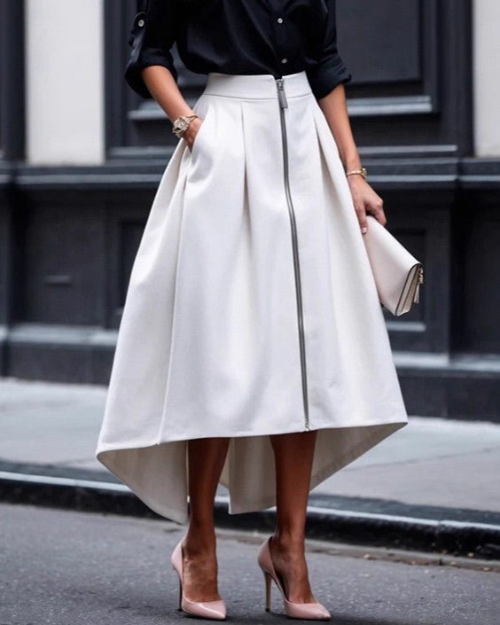 Zip Front High Low Pleated Midi Skirt - White