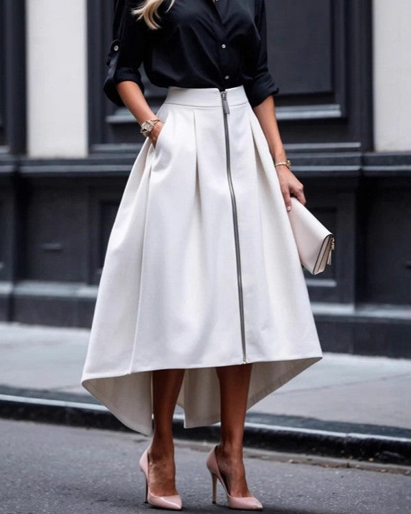 Zip Front High Low Pleated Midi Skirt - White - 1
