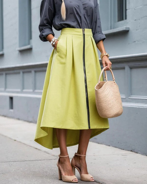 Zip Front High Low Pleated Midi Skirt - Yellow