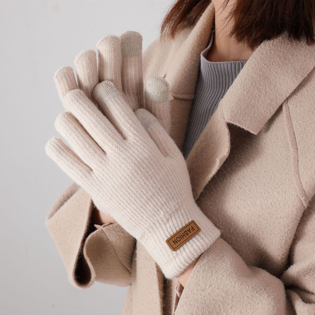 Ribbed Knit Touchscreen Winter Gloves - Beige