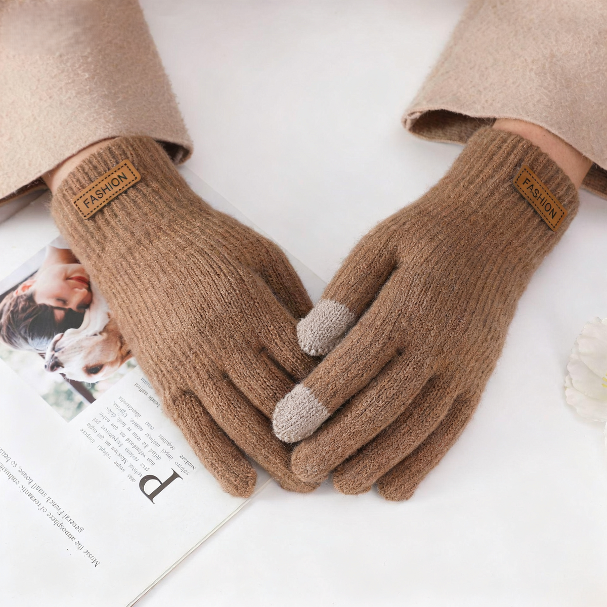 Ribbed Knit Touchscreen Winter Gloves - Brown