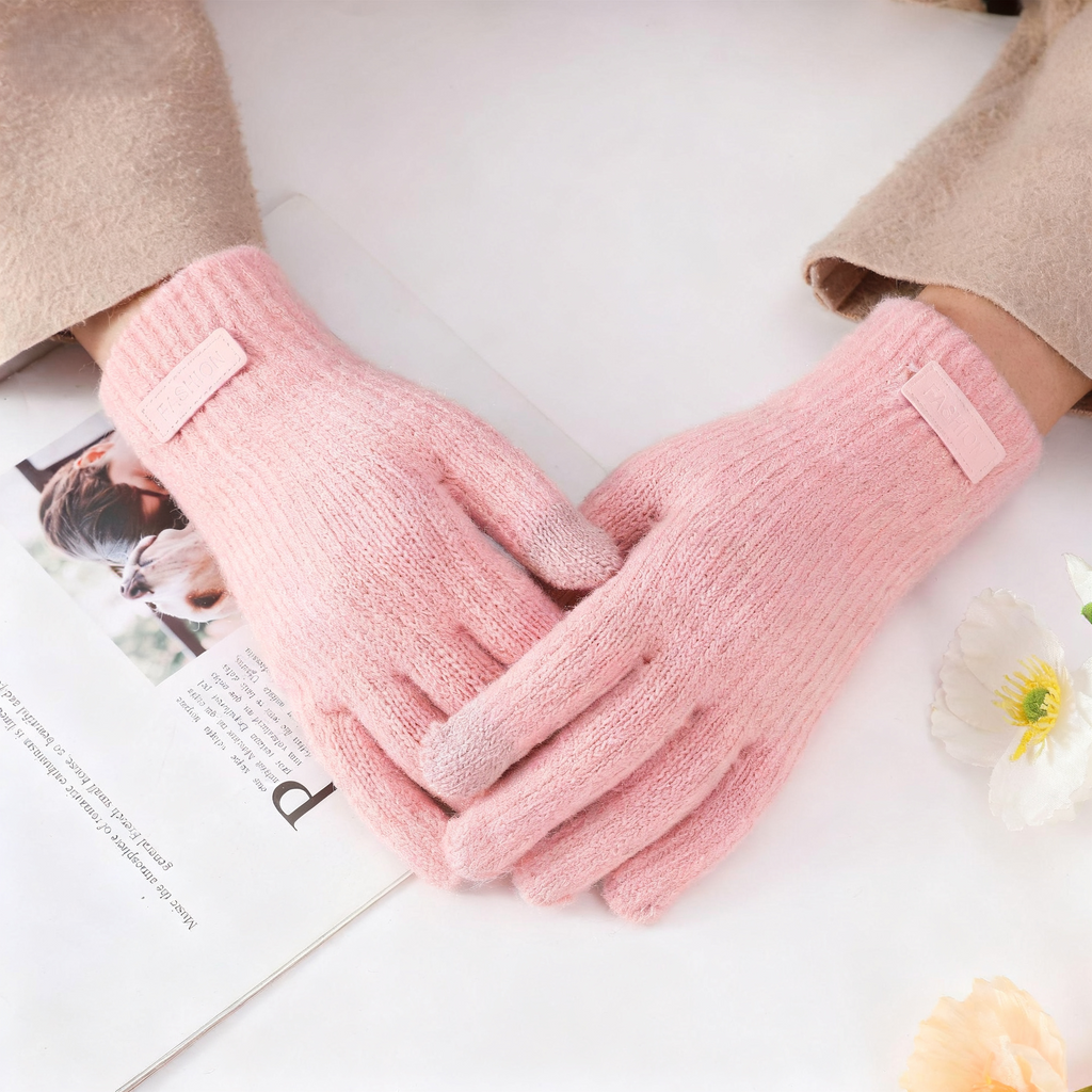 Ribbed Knit Touchscreen Winter Gloves - Pink