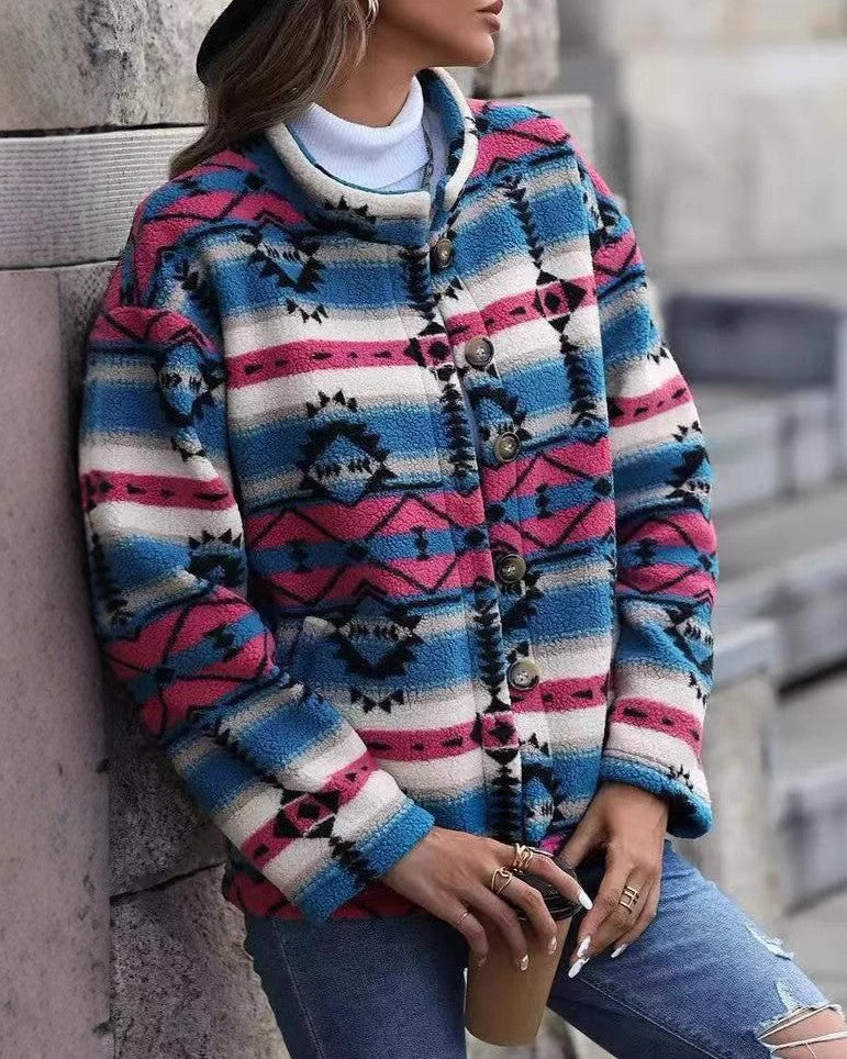 Southwestern Stripe Fleece Button Up Jacket - Blue