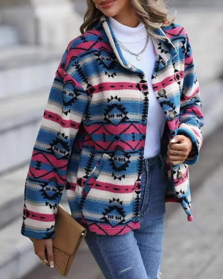 Southwestern Stripe Fleece Button Up Jacket - Blue - 1