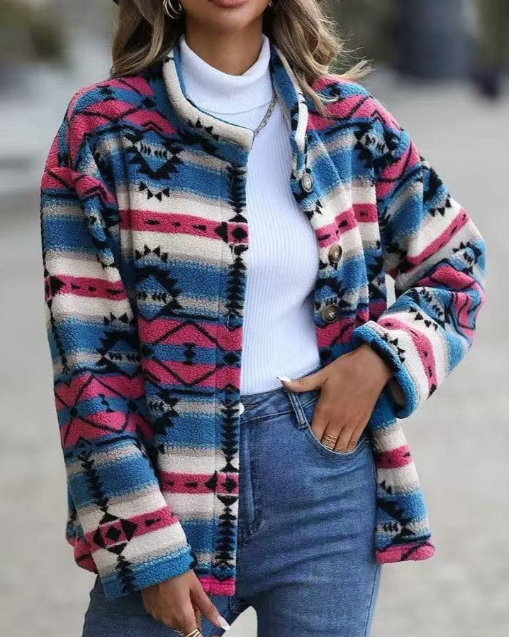 Southwestern Stripe Fleece Button Up Jacket - Blue - 2