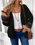 Striped Cuff Open Front Knit Sweater - Black