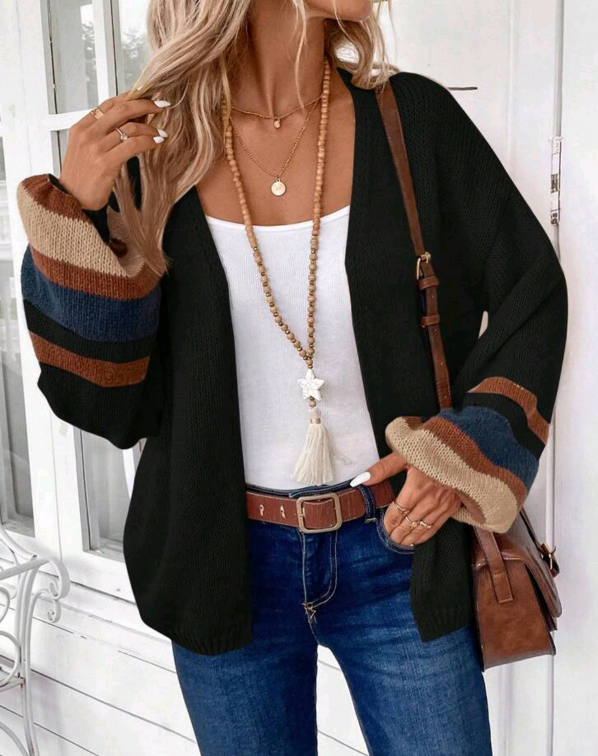 Striped Cuff Open Front Knit Sweater - Black