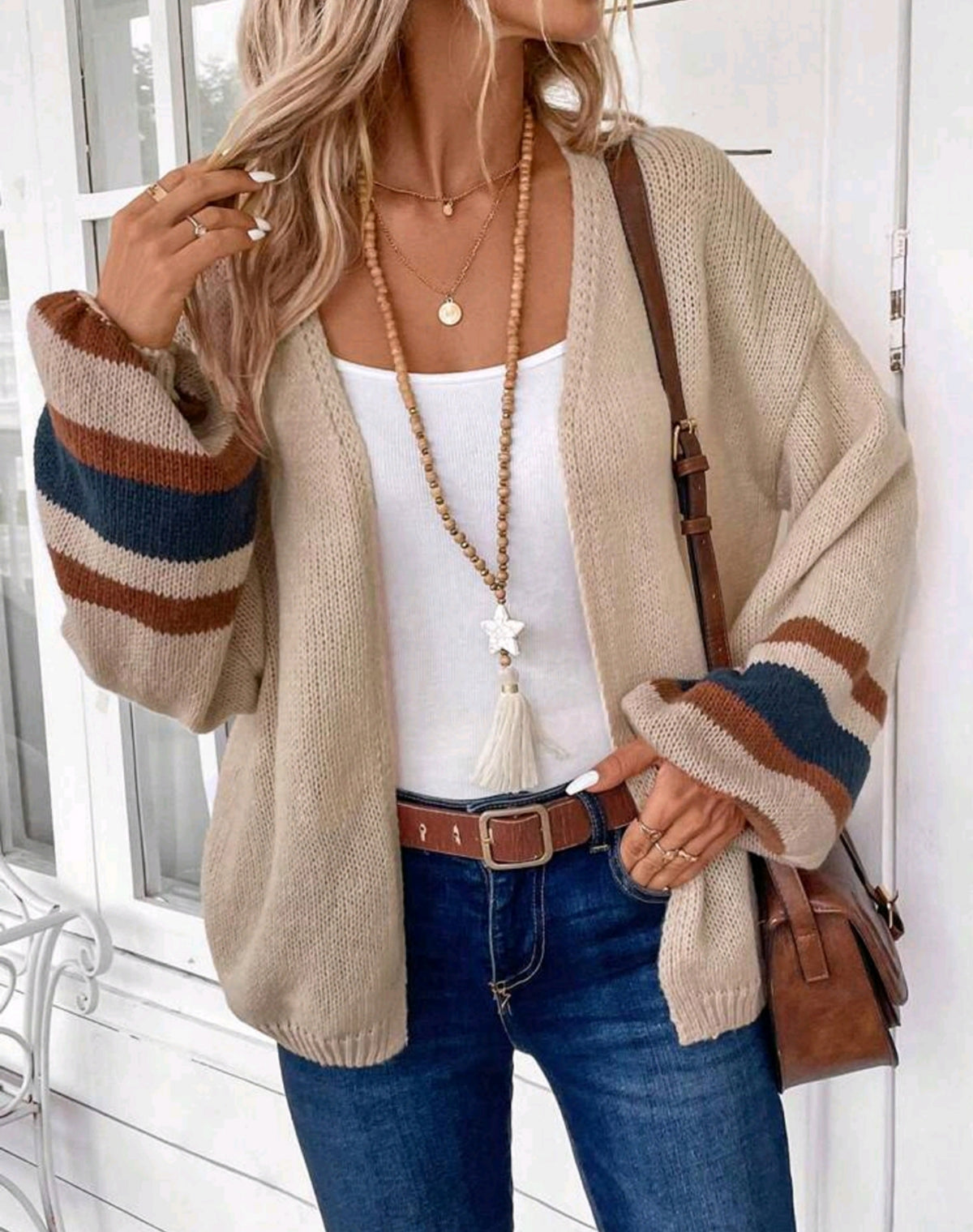 Striped Cuff Open Front Knit Sweater - Khaki