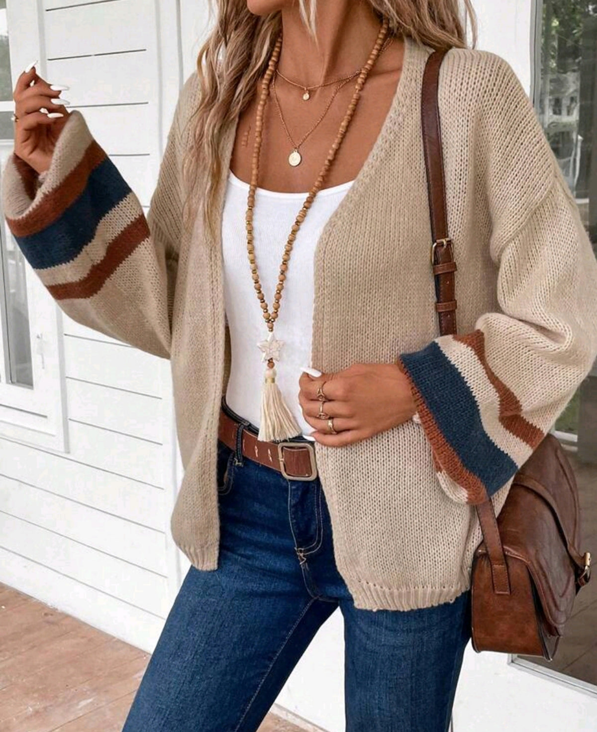 Striped Cuff Open Front Knit Sweater - Khaki - 1