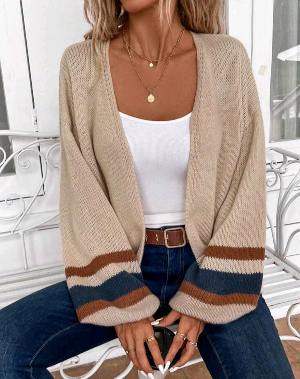 Striped Cuff Open Front Knit Sweater - Khaki - 2