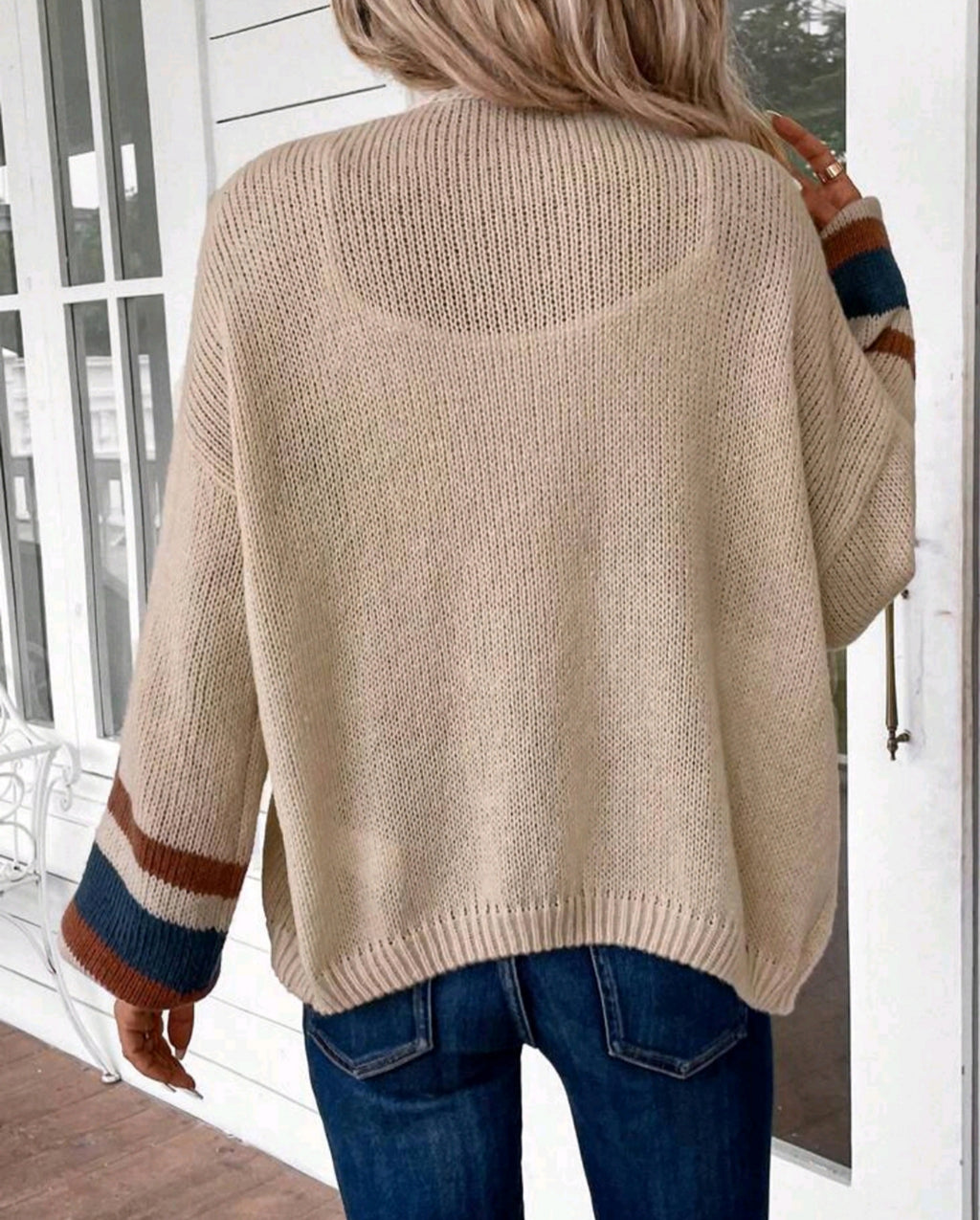 Striped Cuff Open Front Knit Sweater - Khaki - 3