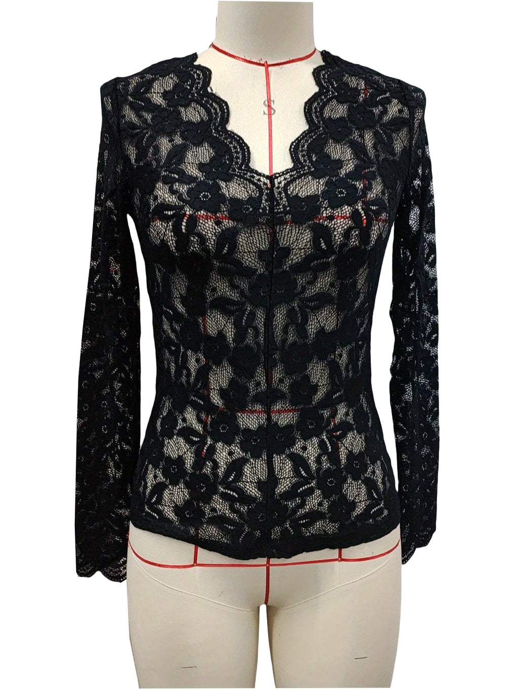Scalloped V Neck Floral Lace Blouse - Black